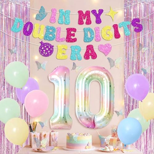 Image of 10th Birthday Party Decorations In My Double Digits Era Banner 10th Balloons Colorful Glitter Double Digits Party Supplies