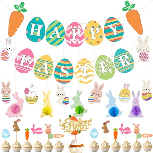 39Pcs Easter Decorations, Bunny Eggs Hanging Party Decorations, Happy Easter