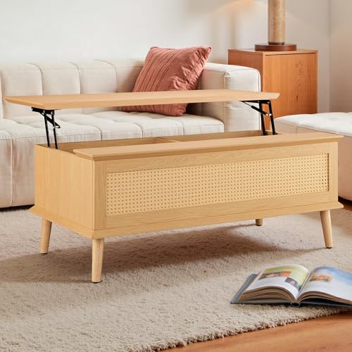 Image of Ink+Ivy Solid Wood Lift Top Coffee Table with Storage Compartments and Large Shelves, Handwoven Rattan Accent Sides, Oak Wood Grain Coffee Tables for Home Living Room Natural