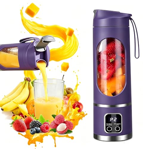 Batidora de Vaso Portatil, 450ML Blender Smoothie Maker, Batidora Portatil con 12 Cuchillas Pantalla LED, 1500mAh Licuadora Recargable por USB, Licuadora portatil para Cocina Viajes (Morado)