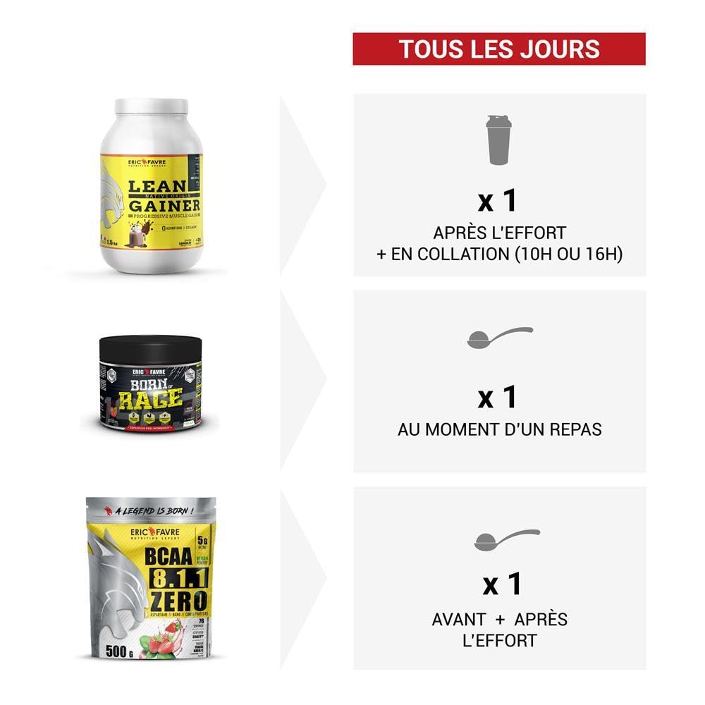 PACK PRISE DE MASSE - Kit Starter - Protéines, Pré-Workout, Acides Aminés - Lean Gainer + Born of Rage + BCAA 8.1.1 ZERO Vegan + Gourde 1L - Eric Favre