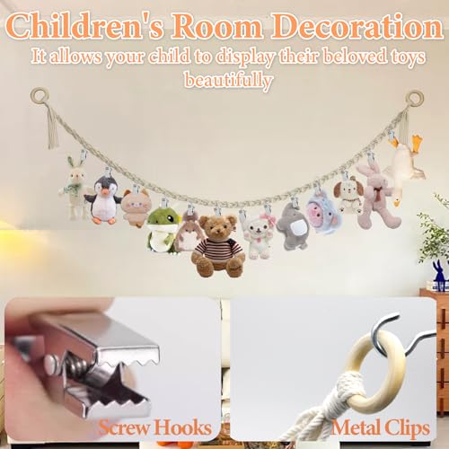 PXBSNB 2 Stück Kuscheltier Aufbewahrung Netz, Boho Makramee Stofftier Hängematte mit 40 Clips, Stofftier Aufbewahrung, 2M Hängender Stofftierhalter für Plüschtiere und Teddybären