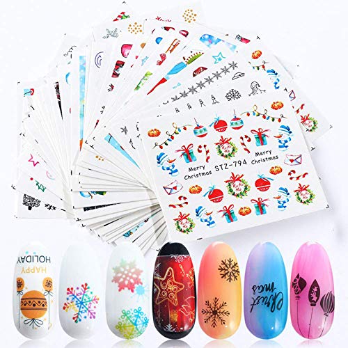 YESORNO 30 Sheets Christmas Nail Art Stickers, 3D Nail Stickers Nail Art Supplies, Water Transfer Christmas Nail Decals Santa Claus, Reindeer, Snowflakes, Snowmen DIY Decoration