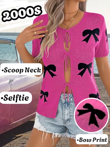 Women 2000S Bow Knit Cardigan Sweaters, Short Sleeve Tie Front Lightweight Crochet Top, Summer Going Out Date Outfits2