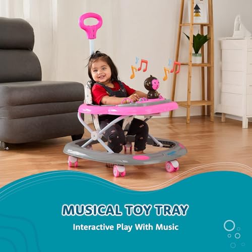 Image of Amazon Brand - Supples Baby Activity Walker with Parental Handle | BIS Certified | 3-Level Height Adjustment, Convertible Toy & Food Tray, Music, 360 Rotating Wheels | for 9+ Months | Grey & Pink