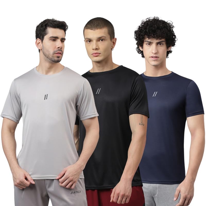 ATICX Slim Fit Polyester Sports T-Shirt for Men – Round Neck Quick Dry Fit Half Sleeve Breathable Stylish Gym & Workout Tee – Lightweight Running Cycling Football Swimming Training Sportswear Top