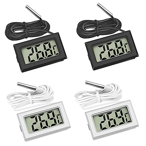 Digital LCD Thermometer 4 Pack Radiator Balancing Thermometer with External Waterproof Probe for Fridge Freezer Refrigerator Aquarium Fish tank Water Temperature Thermodetector Monitor (Black,white)