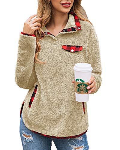 Yanekop Womens Fuzzy Fleece Pullover Plaid Print Sherpa Sweatshirt Button Collar Tops With Pockets(Khaki,2XL)