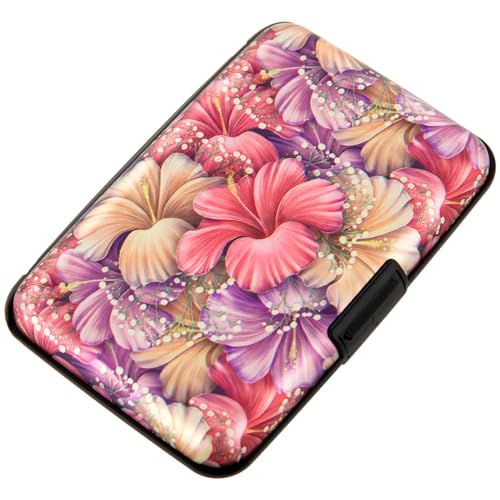 Image of Credit Card Holder Small RFID Blocking Wallet Business Metal Slim Mini Aluminum Hard Case for Women Men Gift, Pink Purple Tropical Hibiscus Flowers, small, Printed Aluminum Shell Credit Card