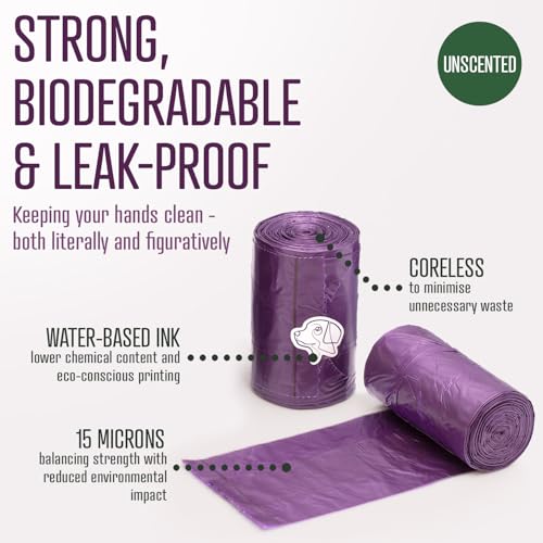 Image of Dog Poo Bags | Eco Biodegradable Poop Bags | Thick Dispenser Refill Rolls with Tie Handles | Strong Bags | 100% Leak-Proof Unscented Sacks (Purple, 1 Box - 270)