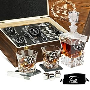 Personalized Whiskey Decanter and Stones Set – Customized Gift for Men, Dad, Father – Engraved Rocks Whiskey Decanter, 2 XL Glasses, 8 Whisky Cubes, 2 Coasters, Tongs, Pouch in Wooden Gift Box