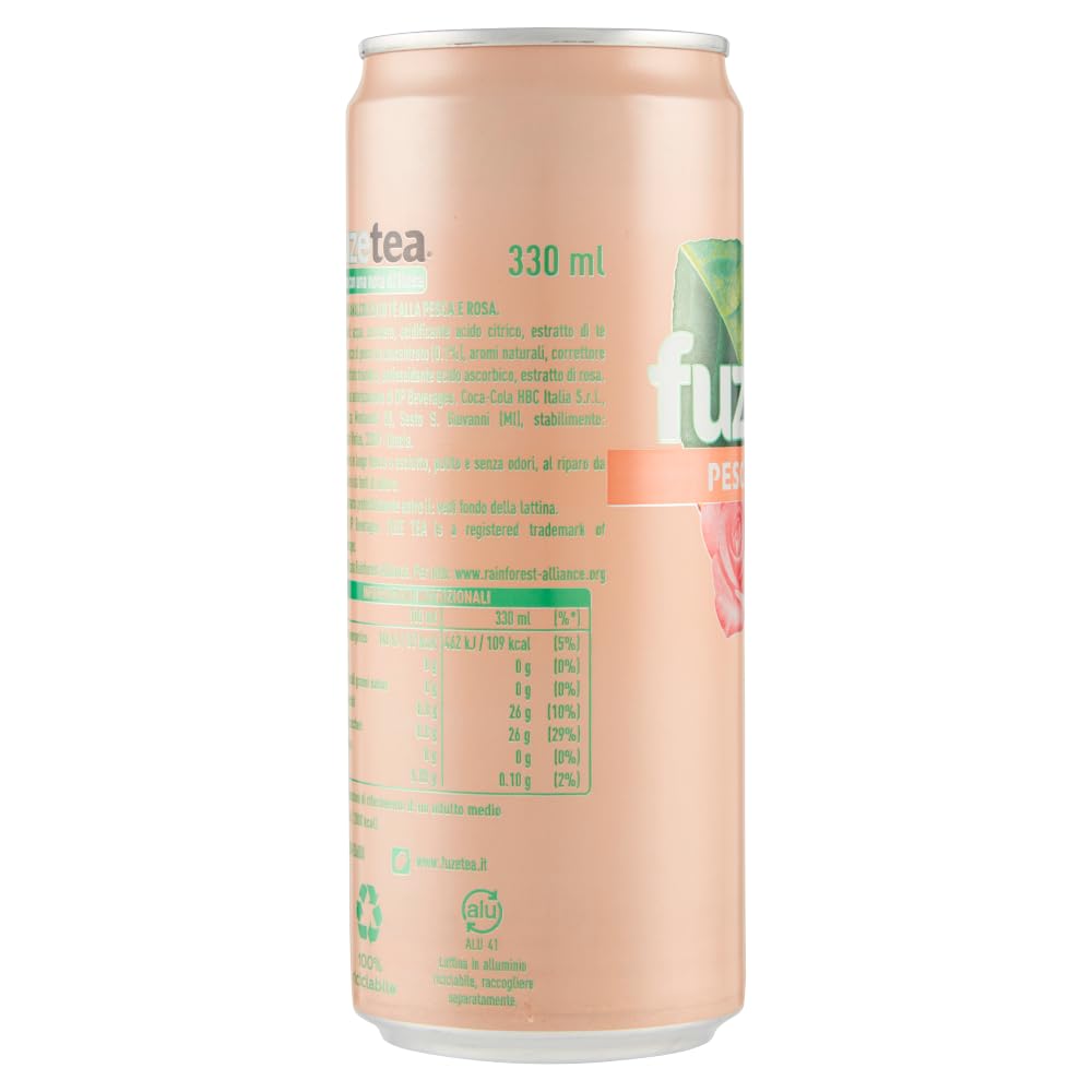 Fuze Tea Pesca, 72 unidades, té negro, melocotón y rosas, refrescante, sin alcohol, lata desechable de 330 ml + lata italiana gourmet Polpa di Pomodoro de 400 g