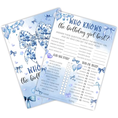 Image of Who Knows The Birthday Best - Blue Party Games Card Set - Blue Bow Themed Sleepover Slumber Party Supplies - Birthday Night Games Creative Idea - 20 Game Cards