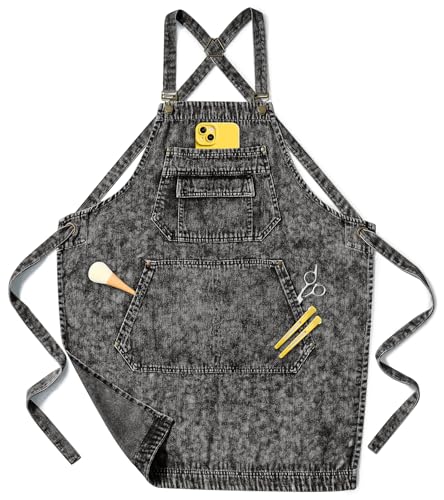 Vammcht Denim Aprons for Women with Multi-pockets, Adjustable Comfortable Cross Back Straps Aprons, Hairdresser Apron for Salon Dairstylist Nail Tech Cosmetology Barber Gardening Barista Gift Black