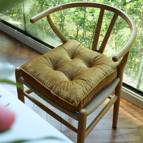 vctops Soft Velvet Chair Pads with Ties Comfy Solid Seat Cushion for Dining Chairs, Office Chairs, Hardwood Floors (Gold Yellow, 16