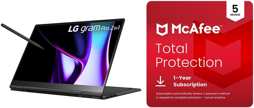 LG gram Pro 2-in-1 16-Inch Laptop (Intel Core Ultra 7, 16GB RAM, 1TB SSD) + McAfee Total Protection 5-Device Security Software 1-Year Subscription