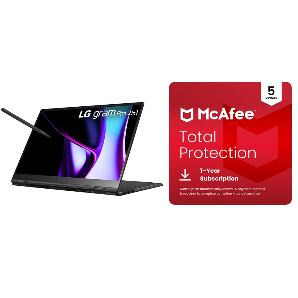 LG gram Pro 2-in-1 16-Inch Laptop (Intel Core Ultra 7, 16GB RAM, 1TB SSD) + McAfee Total Protection 5-Device Security Software 1-Year Subscription