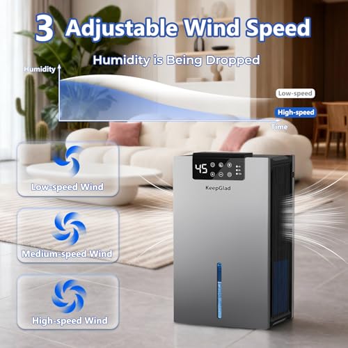 Image of KeepGlad Dehumidifier, 98OZ Dehumidifiers for Home(1000sq.ft), Humidity Display Dehumidifier for Basement Bathroom Bedroom, Auto Shut Off, Washable Filter, Drain Hose, Timer, 7 Ambient Lights, Gray