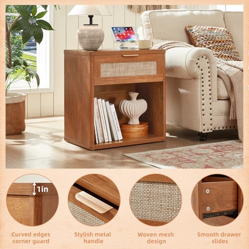 Image of LEYAOYAO Rattan Nightstand with Charging Station, Tea Brown Night Stand with Drawer, 23 inch Wide Boho Bedside Table with Storage Shelf, Bed Side End Tables for Bedroom, Living Room, Hallway