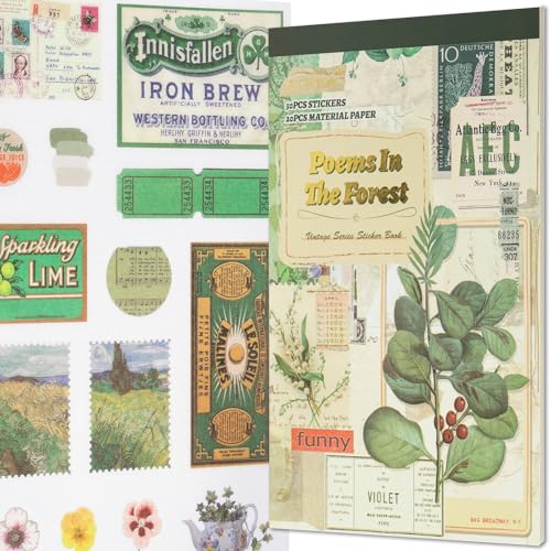 YagCu Washi Vintage Sticker Book, Forest Junk Journal Supplies, Ephemera Journaling Stickers, Pre-Cut Aesthetic Scrapbooking Paper for Adults, Decorative Bullet Planner DIY Arts Craft