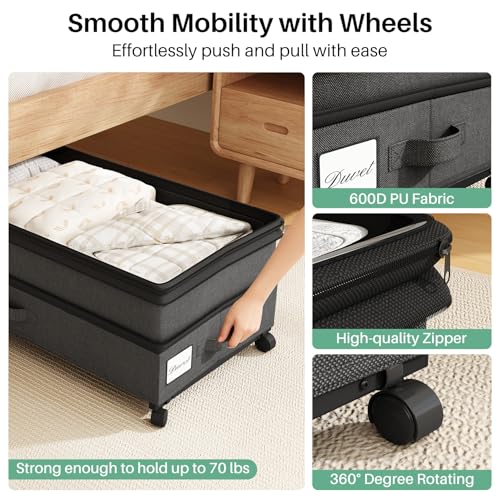 Image of Kitstorack 4 Pack Height-adjustable Under Bed Storage with Wheels, Under Bed Storage Containers,Under Bed Shoe Storage Organizer with Clear Window&Label, Suitable for Clothes Storage, Black