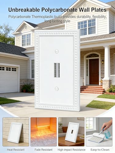 Image of ZEFTV 20 Pack Mid-Size Toggle Light Switch Wall Plates 1-Gang Switch Electrical Cover Plate Unbreakable Thermoplastic Faceplate, Classic Beaded Relief Design, White