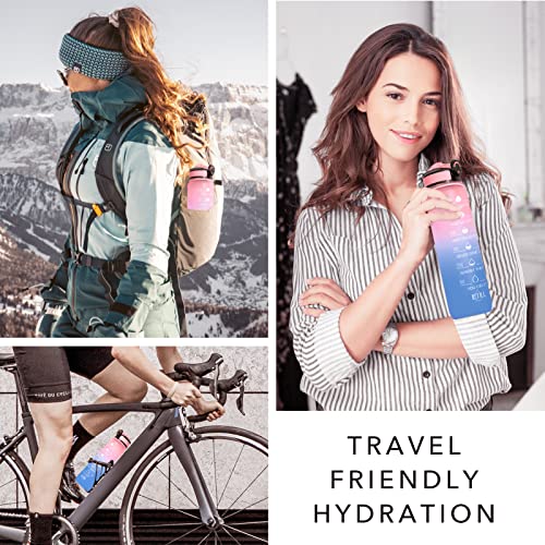 Image of HYETA 32 OZ Water Bottle with Times to Drink and Straw, Motivational Time Marker Water Bottles with Strap, Leakproof & BPA Free, 1 Liter Reusable Sports Water Bottle for Fitness, Gym & Outdoors, Pink-Blue