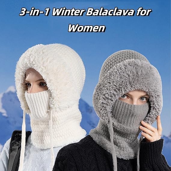 Averageon 3 in 1 Beanie Hat for Women, Women's 3-in-1 Winter Beanie Hat with Ear Flaps, Neck Warmer & Face Mask 55cm-60cm