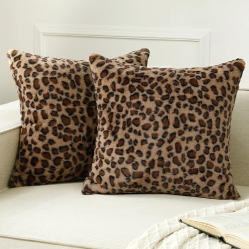 Softalker Cheetah Pillow Covers 18 x 18 Inch, Set of 2, Dense Faux Rabbit Fur Couch Leopard Pillow Cover, Decorative Super Soft Fluffy Cushion Cheetah Pillow Cases for Home Living Room Bedroom, Brown
