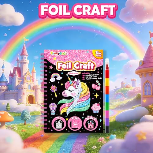 Image of FUNNYB&G Foil Art Craft Kit for Girls 4-10 Years Old: Mess-Free & No-Glue, Create 16 Sparkly Unicorns Pictures - Perfect Travel Toy & Birthday Gift for Kids（Unicorns）