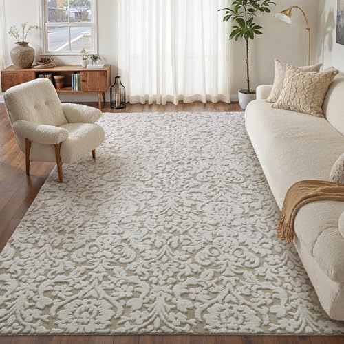 WondRg 8x10 Brown and Ivory Shag Rug for Living Room Washable Floral Neutral Area Rug Soft Non Shedding Non Slip Durable Traditional Vintage Carpet Bedroom Office Playroom Dining Room Classroom