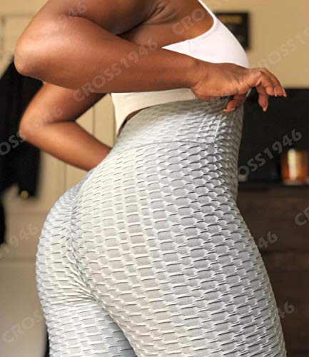 CROSS1946 Sexy Women's Textured Booty Yoga Pants High Waist Ruched Workout Butt Lifting Pants Tummy Control Push Up #2 Capris Texture Grey,M - Image 4