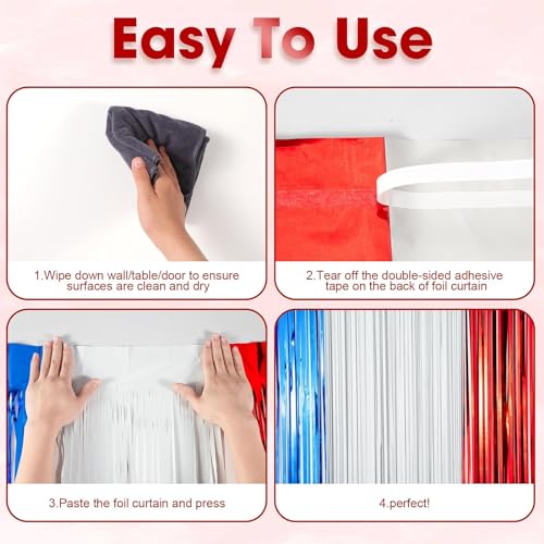 Image of Voircoloria 4 Pack Red White and Blue Foil Fringe Backdrop Curtains, Tinsel Streamers Party Decorations, Fringe Backdrop for Patriotic, Memorial Day, 4th of July, Independence Day