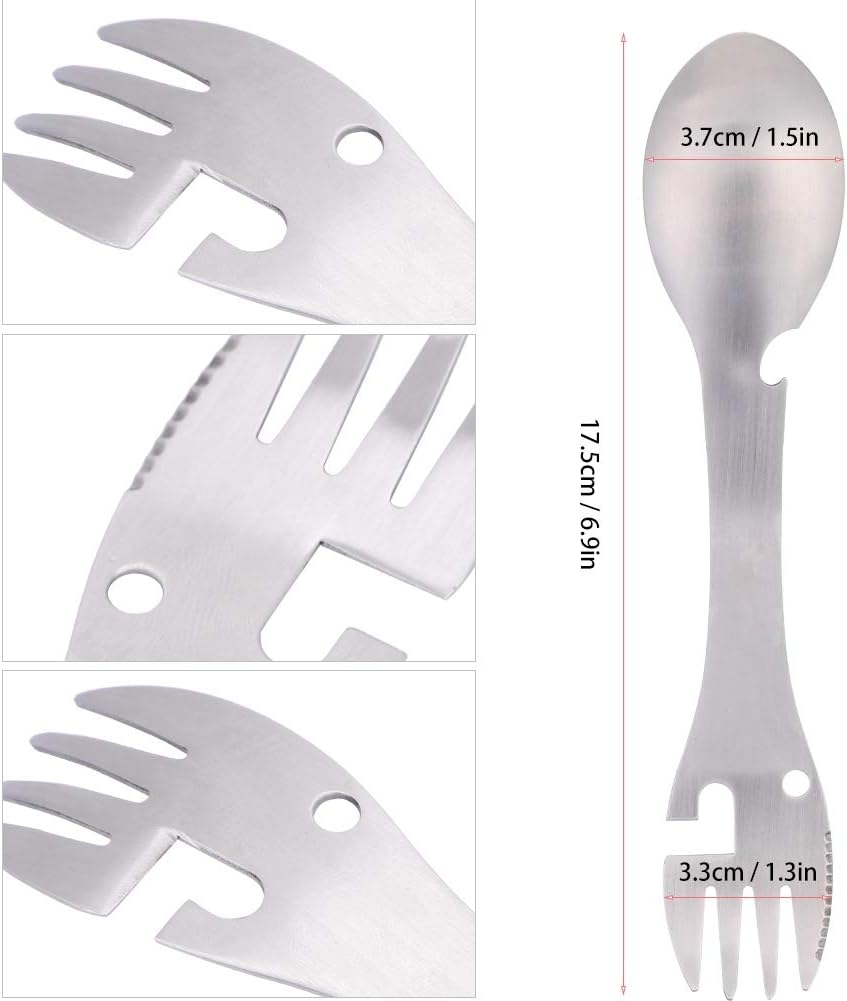 5 in 1 Camping Spoon Fork Multifunction Utensil Stainless Steel Portable with Spoon Fork Bottle Opener Can Opener Sawtooth Cutter for Outdoor Travel Hiking Fishing