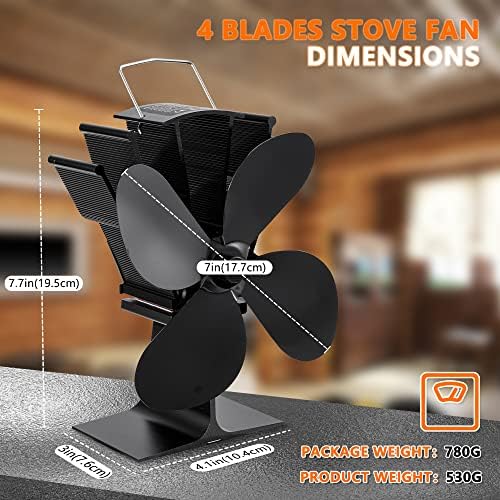 4 Blade Stove Fan,Heat Powered Small Log Burner Fan - Silent Operation/Eco Friendly Circulation/Efficient Heat Distribution,Self Powered Fire Fans for Wood Burning Stoves/Fireplace(Black)