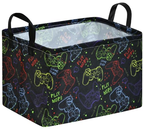 Image of MAIZMZ Game Controller Storage Bin, Waterproof Linen Laundry Basket with Handles for Game Room Bed, Gifts,Toys