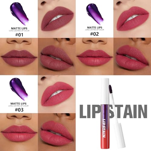 Image of evpct 3Pcs Peel Off Lip Stain Tints, Maroon Mauve Red Matte Liquid Lipstick Lip Stain Long Lasting Waterproof for Women, Non-stick Cup Lipstick Peel Off Highly Pigmented Smudge-proof, 01# & 02# & 03#