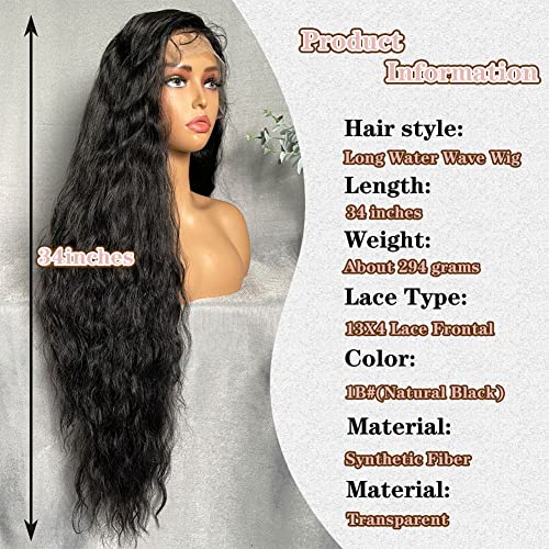 Soku 13X4 Lace Frontal Water Wave Wigs With Baby Hair Natural Black 34 Inch Long Synthetic Hair Pre-Plucked Free Part Transparent Swiss Lace Front Wavy Wigs For Women #TOP2