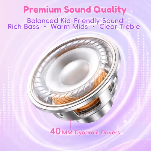 Image of Candy Bila Kids Headphones, Wired Headphones for Kids Over Ear with Microphone, 85 /94dB Volume Headphone for Girls Boys, Foldable Headphone for Learning & Entertainment, Deep Purple and Pink
