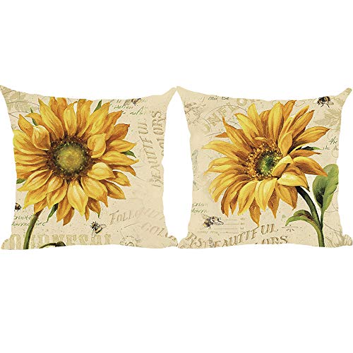 Ramirar Juego de 2 fundas de almohada decorativas de verano con diseño de acuarela, girasoles naranjas, abejas, abejas, para el hogar, sala de estar, cama, sofá, coche, algodón, lino, cuadrado, 45,72