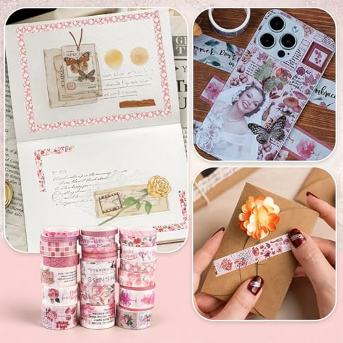 Image of HASTHIP 20 Rolls Washi Tape Set in 5 Sizes, Pink Floral Vintage Decorative Masking Tape for Scrapbooking, Journaling, Planners, DIY Crafts & Art Projects, 6.6ft Per Roll