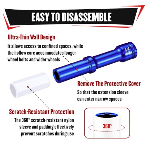 Image of YIYITOOLS 3Pcs 1 /2 inch Drive Impact Lug Nut Socket Set, 150mm Extra Long Deep Sockets, 6-Point Thin Wall Sockets (17 19 21mm), CR-MO, Non-Marring & Anti-Scratch for Wheel Lug Nut Remover