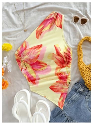 MakeMeChic Women's Floral One Shoulder Tank Top Ruched Asymmetrical Sleeveless Y2k Tops4