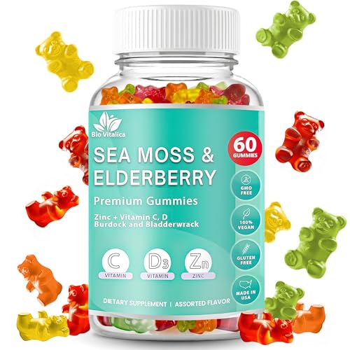 Image of Irish Sea Moss Gummies with Elderberry - USA Made Vegan Gummies with Vitamin C, D & Zinc - Immune Support Supplement with Bladderwrack & Burdock Root for Adults & Kids - 60 Count