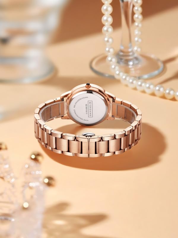 Image of Giordano Analog Watch for Women with Sunray Round Dial, Crystal Studded Bezel, Roman Numerals Markers, Quartz Movement and Rose Gold Stainless Steel Strap - GZ-60118
