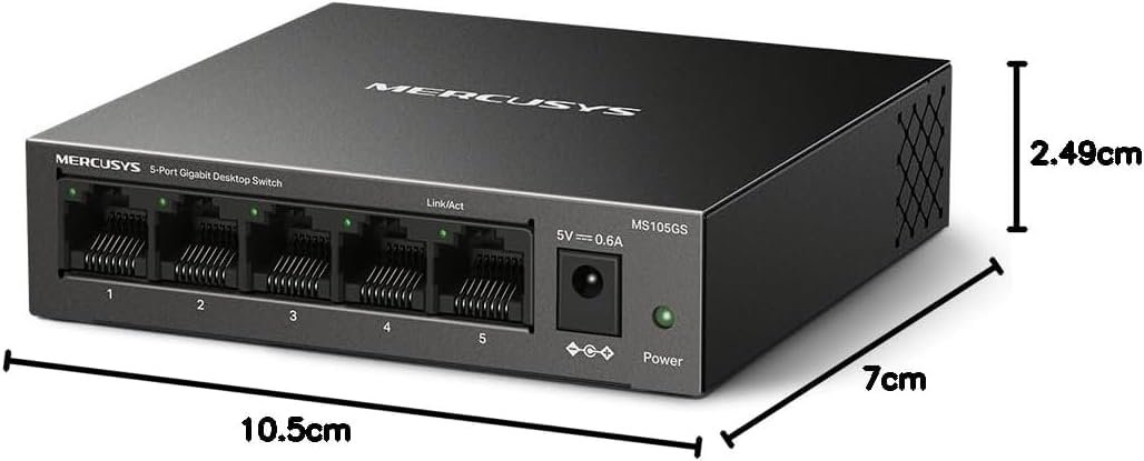Mercusys MS105GS-Switch Ethernet Gigabit de 5 Puertos RJ45, Carcasa Metálica Resistente, Plug & Play, Sin Configuración, Bajo Consumo, Silencioso, Hub Ethernet, Ideal para Hogar, Oficina y Smart TV