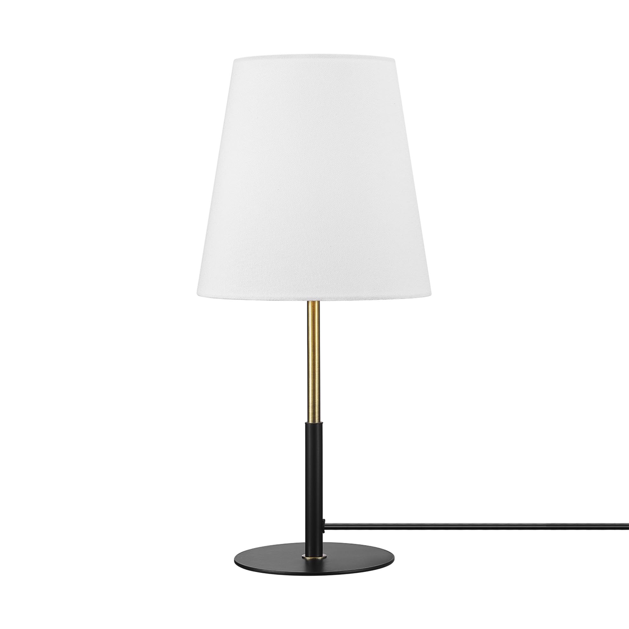 globe electric 61000045 16" table lamp, matte black, brass accents, white linen shade, on/off rotary switch on socket, table lamps for living room, bedroom, office, den, apartment essentials