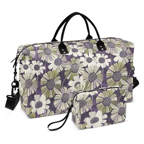 Purple and Green Sunflower Decorative Large Carry On Airport Bag Sports Gym Tote Bag with Toiletry Bag for Hiking 2 Pcs Set Bolsa de para Hombre