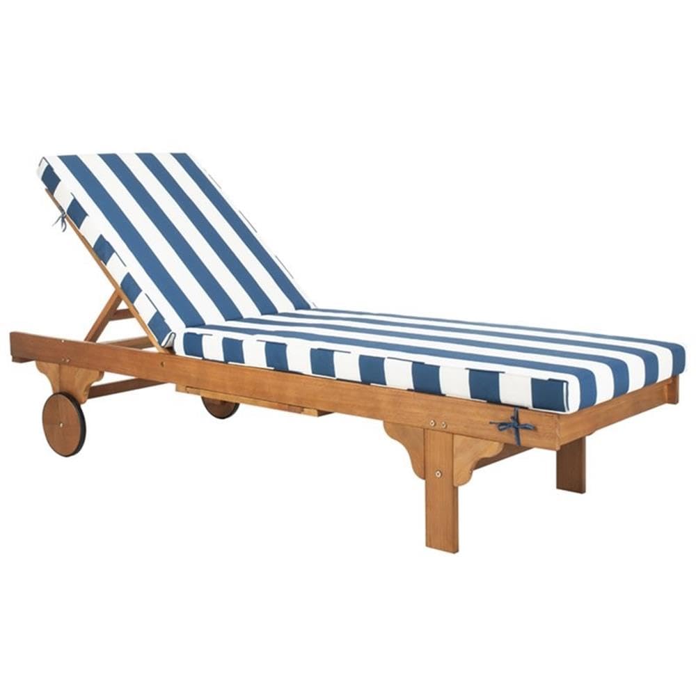 SAFAVIEH Outdoor Collection Newport Natural/ Navy White Stripe Cushion  Built-in Side Table Adjustable Chaise Lounge Chair