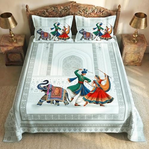 Image of Story@Home Rajasthani Theme Jaipuri Bagru Sanganeri Traditional Print Double Bedsheet 250x225 cm with Pillow Covers | Cotton Feel 240 TC Fabric | Grey Ethnic Motif | Soft & Durable